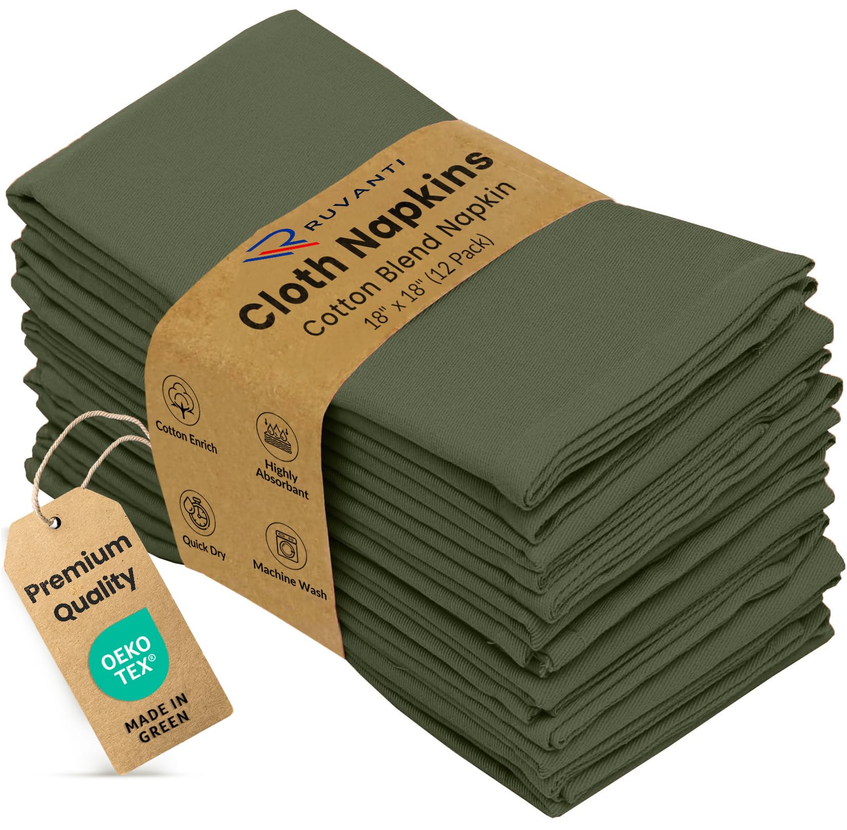 Ruvanti Cloth Napkins Set of 12, Cotton Enrich 18”x18” - Martini Olive
