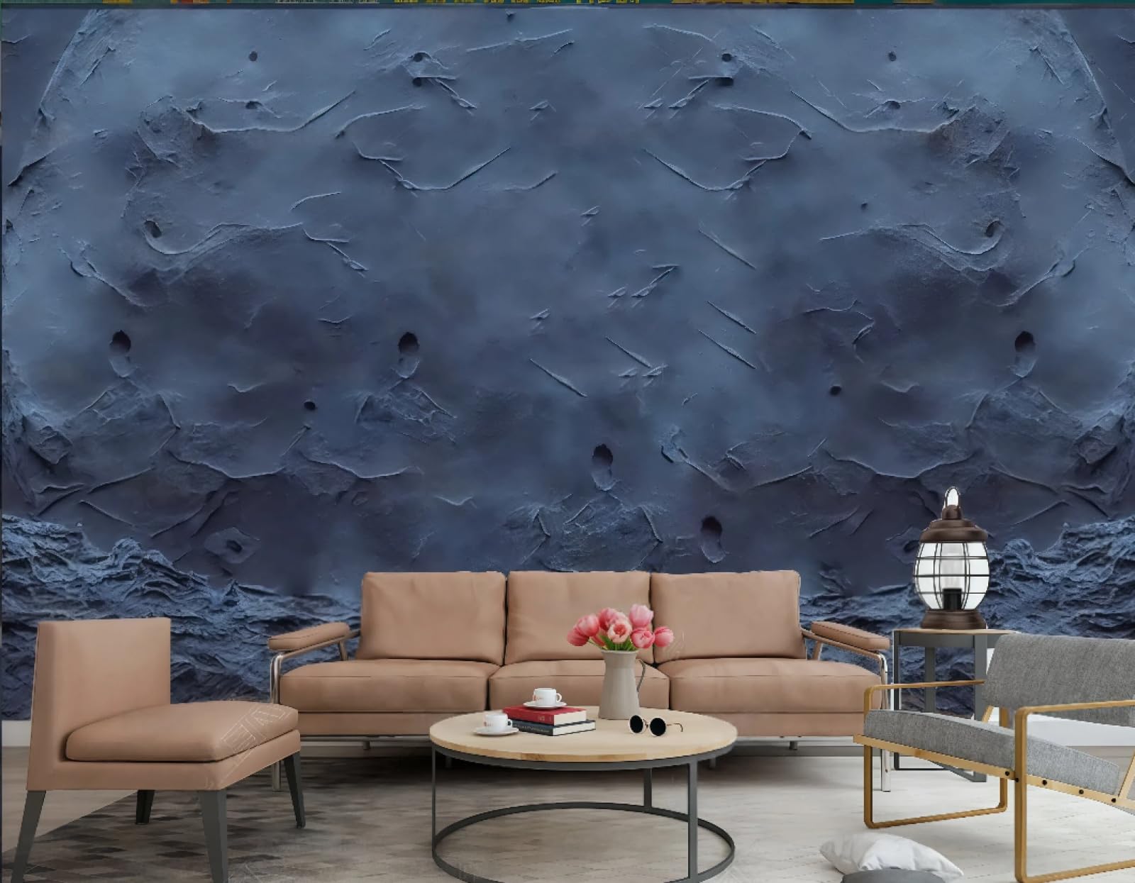 Tapeta sztuka nowoczesna ciemnoniebieski księżyc tłoczony wzór skały scena nocna malarstwo telewizor sofa tło tapeta ścienna salon restauracja kawiarnia, 3D, 430 x 300 cm