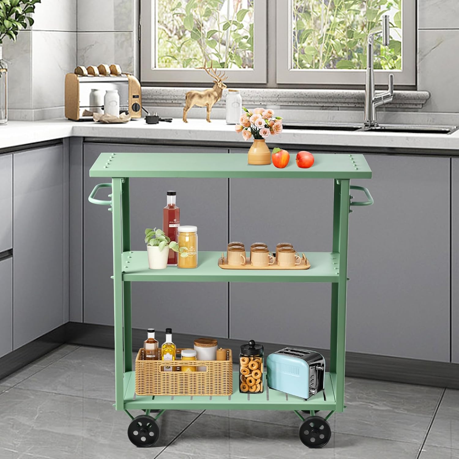 Three-Tiered Orange Metal Kitchen Cart | Movable with Wheels, Suitable for Home Kitchens, Dining Rooms, or Parties | Convenient for Storing Food（Fresh Green）