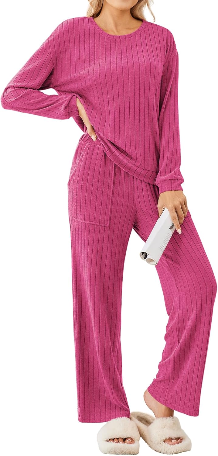 Ekouaer Womens Pajama Sets 2 Piece Ribbed Knit Lounge Sets Long Sleeve Pjs Soft Sleepwear Fall Outfits with Patch Pockets