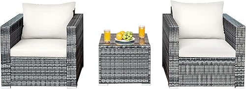 Miniatura 9 de Tangkula Juego de muebles de patio de 3 piezas, sofá de mimbre de ratán PE con cojín lavable y mesa de vidrio templado, muebles de conversación al