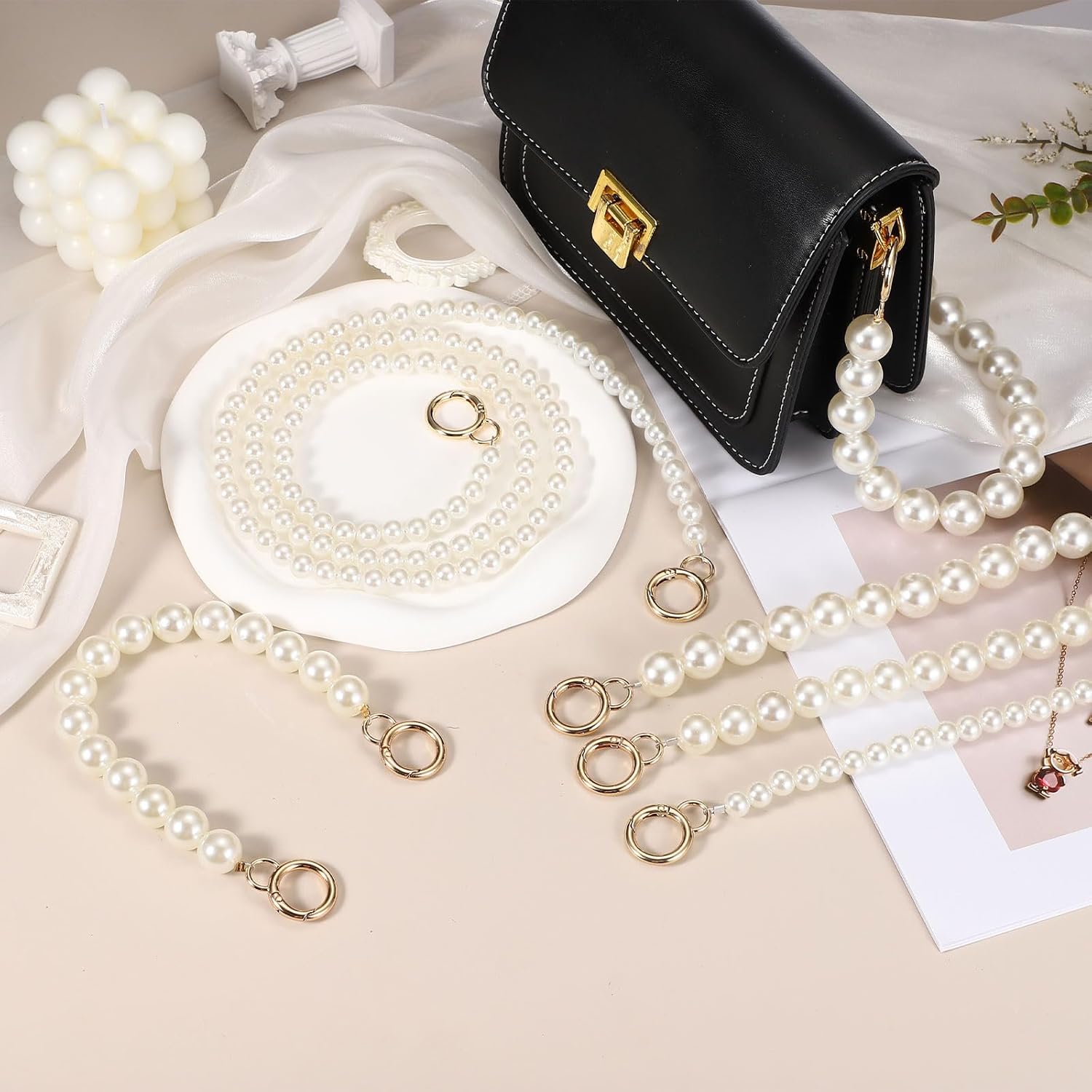 uxcell Imitation Pearl Purse Strap, 10" Bag Extender Chain with Lobster Buckle Handbag Purse Chain Replacement Beaded Strap for DIY Handbag Hang Bag Accessories, 16mm Gold - Image 4