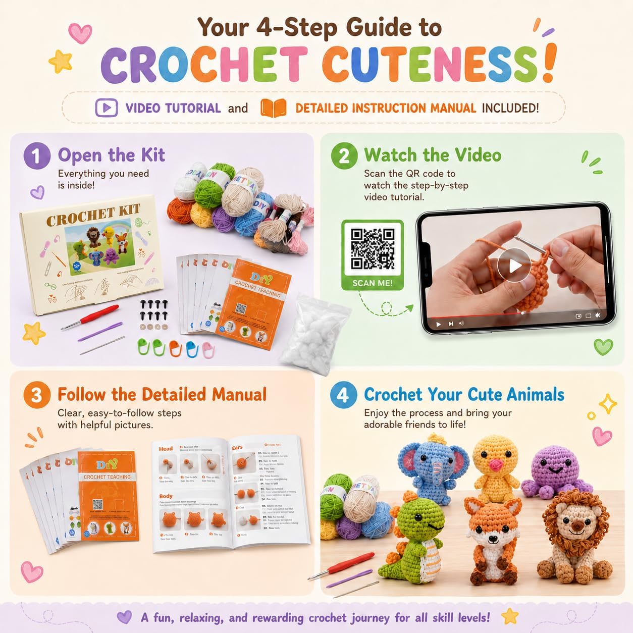 Xanlon Crochet Kit for Beginners - 6pcs Animals Knitting Kit Beginner Crochet Starter Kit for Adults Women Men - Easy to Learn with Step-by-Step Video Tutorials DIY Birthday Gifts for Crocheting Lover