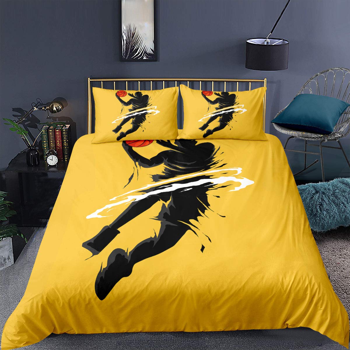 Set Copripiumino Matrimoniale Singolo 2/3 Pezzi in Microfibra, 1 Copripiumino + Federe 50x75cm, Stampa Basket 3D Morbida Set Biancheria da Letto con Chiusura (D,Double 200X200CM)
