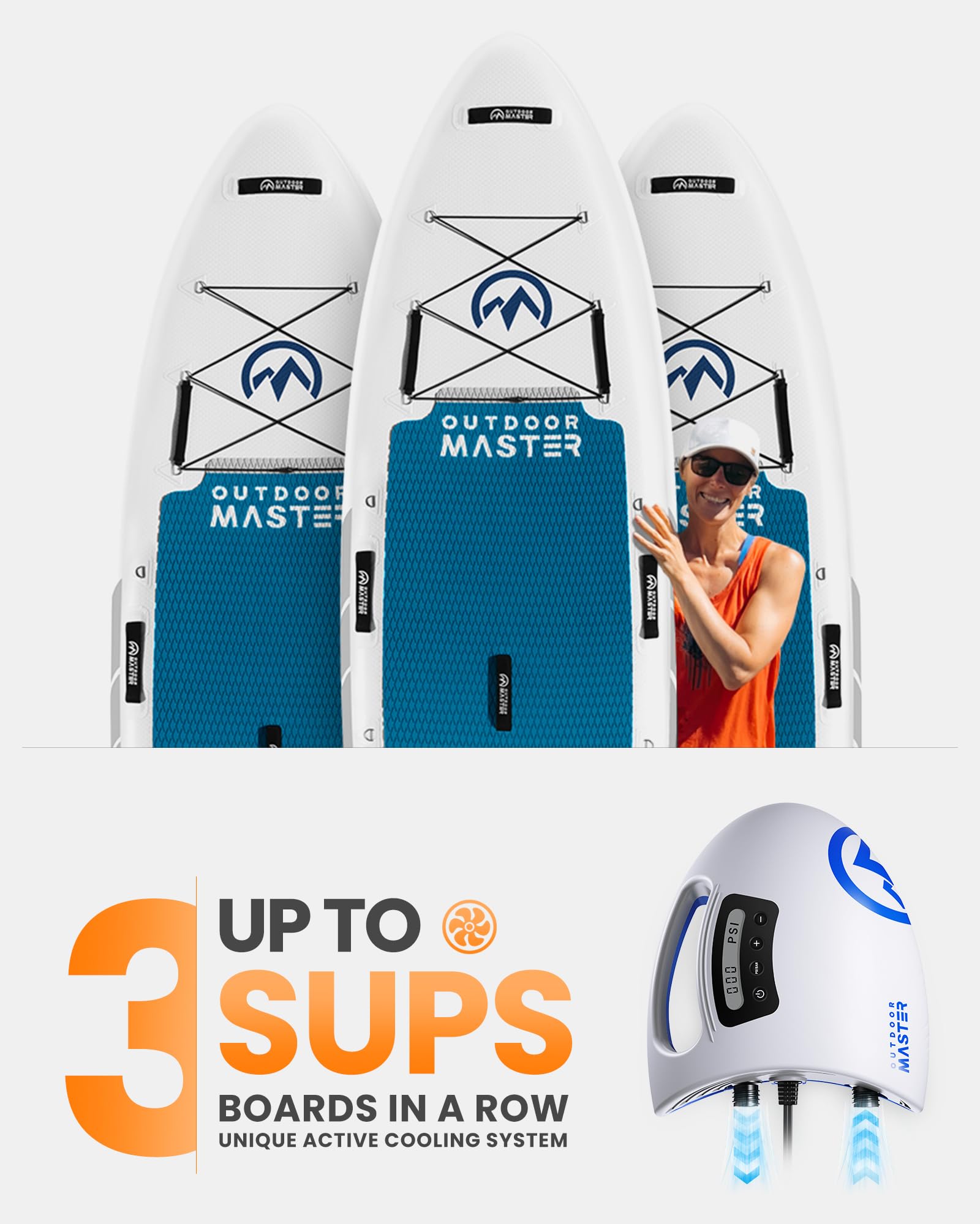 OutdoorMaster The Shark Pompa ad aria elettrica SUP ad alta pressione con 20 PSI 12 V DC Sistema di raffreddamento attivo intelligente a due stadi per gonfiare paddle board barche