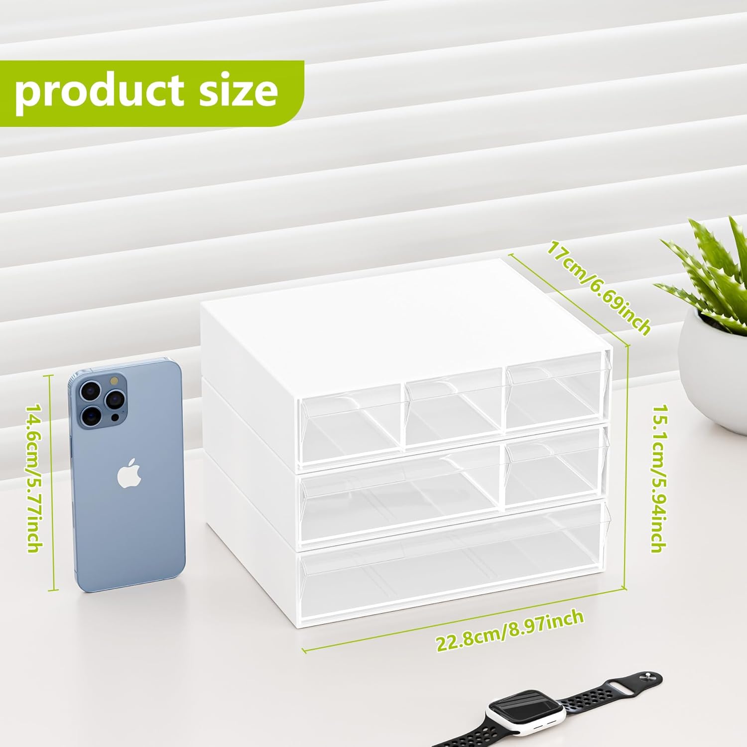 Gonice Desk Organizer 3 Tier Stackable Storage Drawers with 6 Compartments, White Plastic Stackable Supplies Drawer Organizer for Office, Home, School