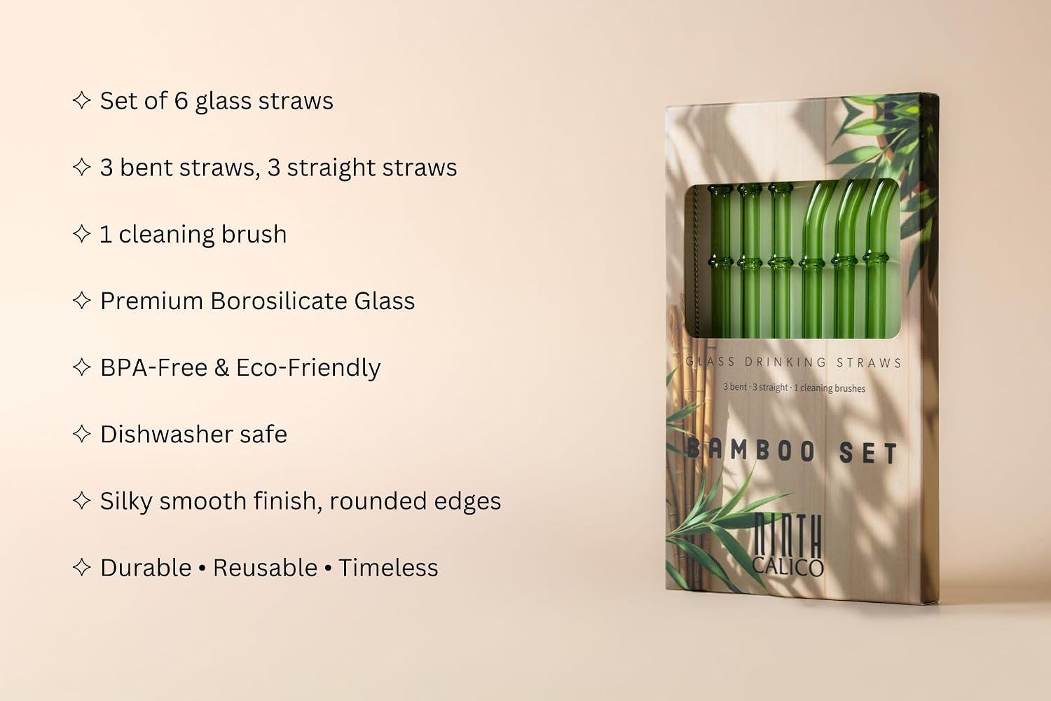 Reusable Glass Drinking Straws – Colorful, Durable, Shatter-Resistant – Includes 6 Specialty Straws & 1 Cleaning Brush – For Smoothies, Iced Coffee, Matcha (Bamboo)
