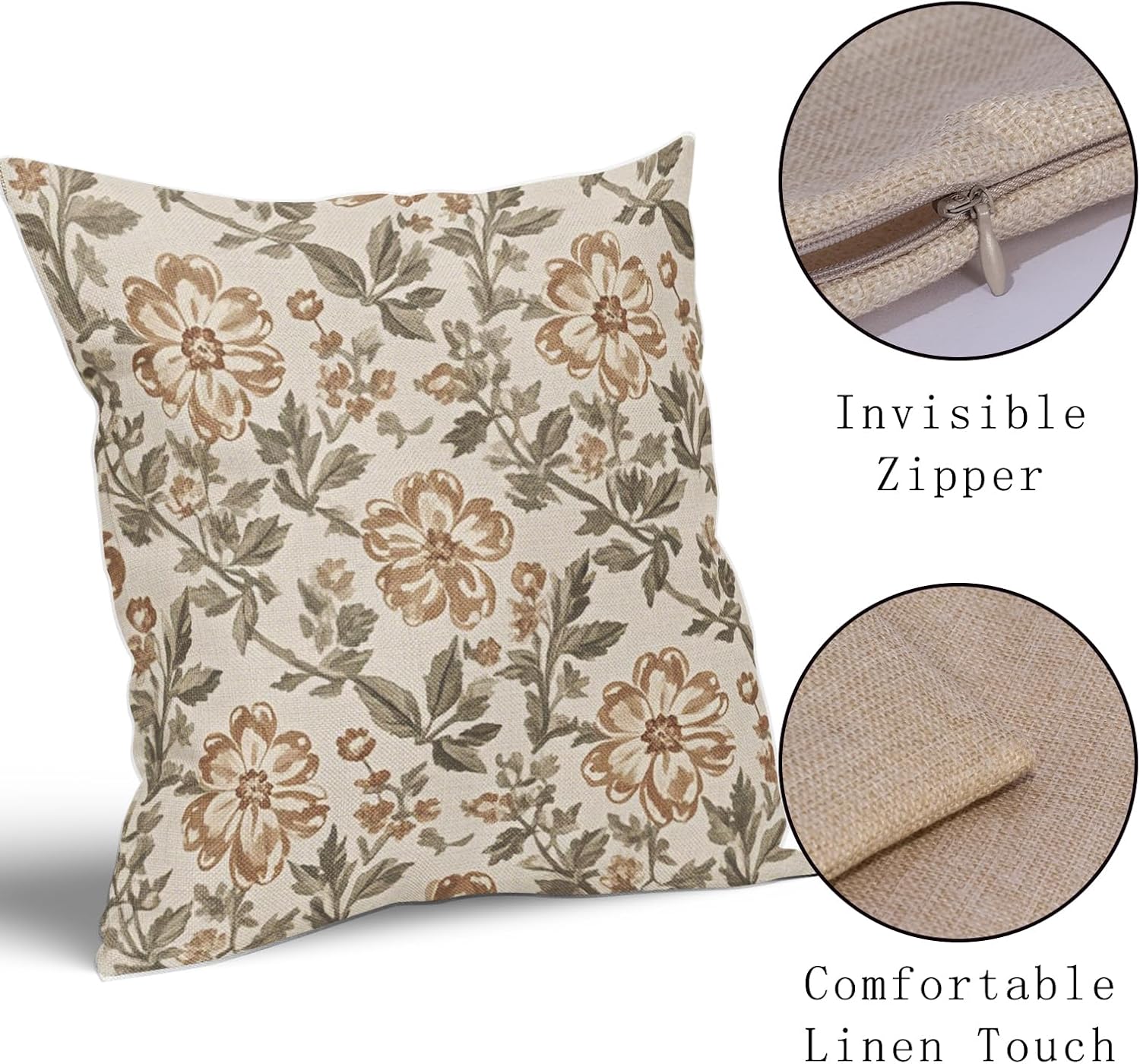 Vintage Floral Block Print Pillow Covers 18x18 Inch Set of 2, Brown Olive Green Antique Flower Pattern Decorative Throw Pillowcases Outdoor Farmhouse Cushion Covers Art Decor for Sofa Couch Bed - Image 4