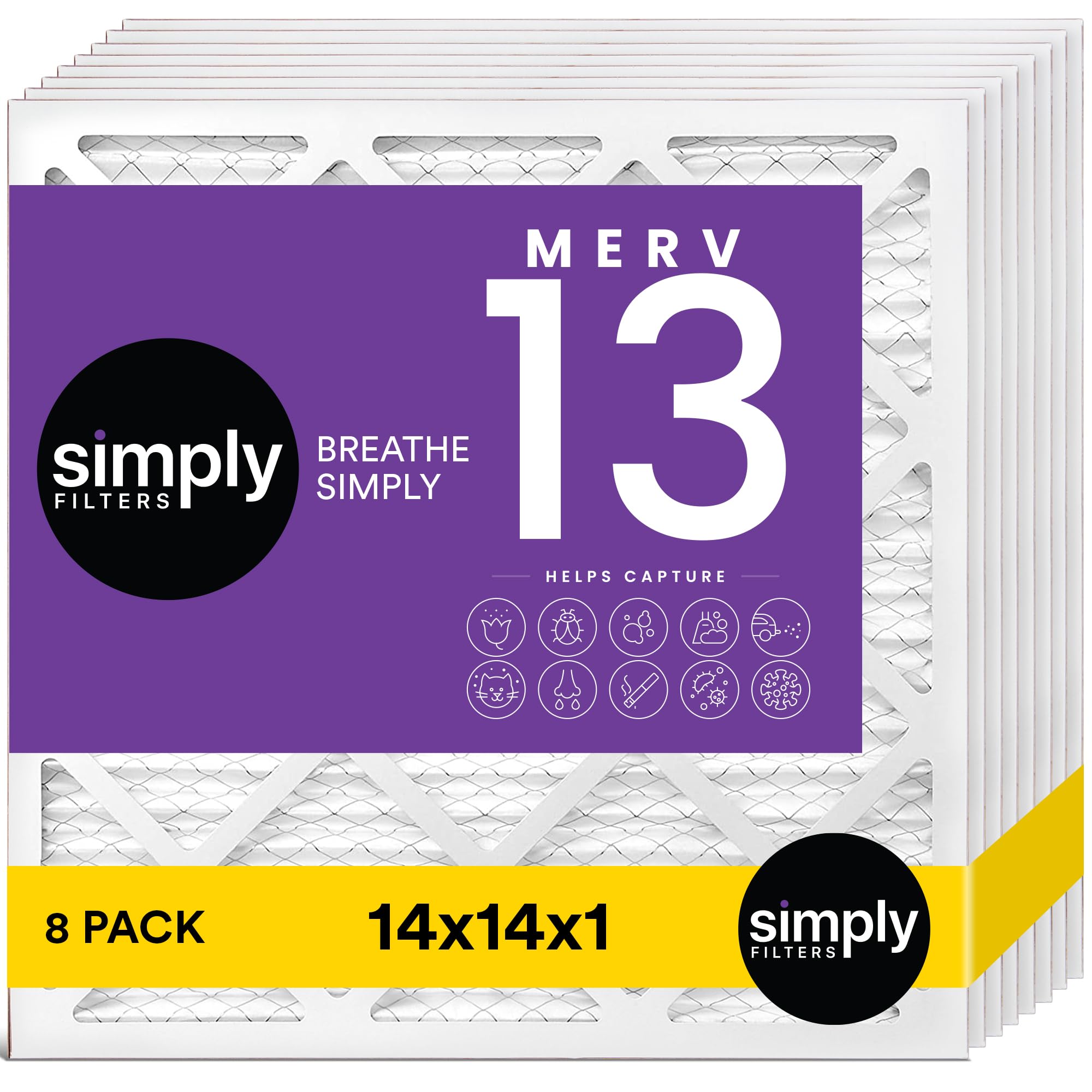 Simply 14x14x1 Air Filter, MERV 13, 8 Pack, For Home AC Furnace & HVAC (Actual Size: 13.75"x13.75"x0.75") DUST, Pet, & Allergy Control