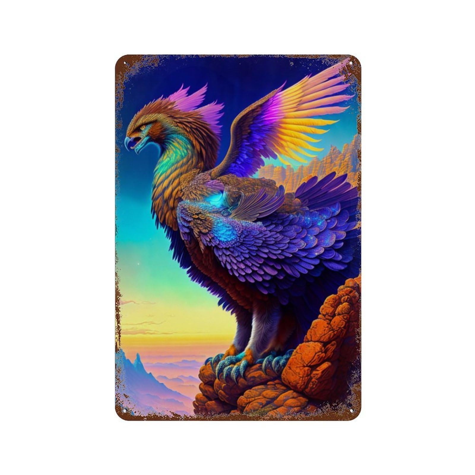 Colorful Mythical Bird Artwork Distressed Metal Wall Sign 11.8"x7.9", Rustic Home Decor for Living Room, Hallway And Home Decor