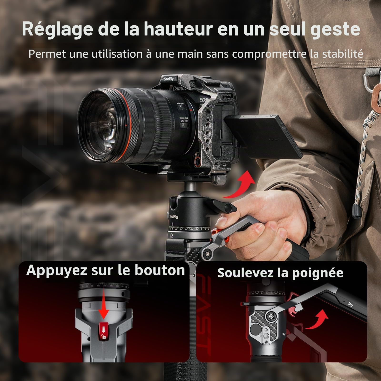 SMALLRIG Monopode en Fibre de Carbone 166,5 cm, Compact 68 cm, 1,72 kg, Réglage Hauteur 1 Touche, Rotule 5 kg - 5564
