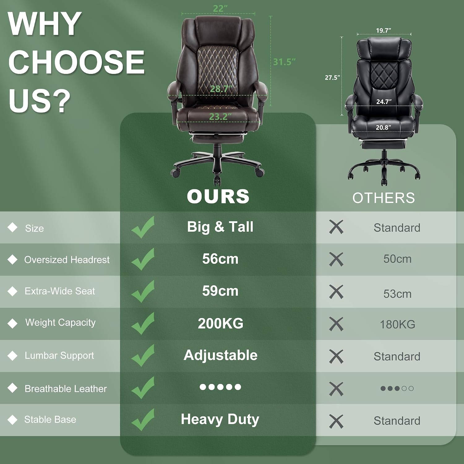 Reclining Office Chair with Retractable Footrest & Adjustable Lumbar Support - 500 lbs Capacity for Big and Tall Users, Leather Executive Desk Chair for Home Office, Work, and Relaxation, Brown