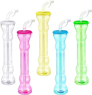 Jingmore 15 Pcs 17 oz Dumbbell Shaped Cups Straw Water Bottle with Straws and Lid for Drinking Margaritas Cold Drinks Frozen Drinks Hawaii Family Tropical Luau Parties Supplies, 5 Colors