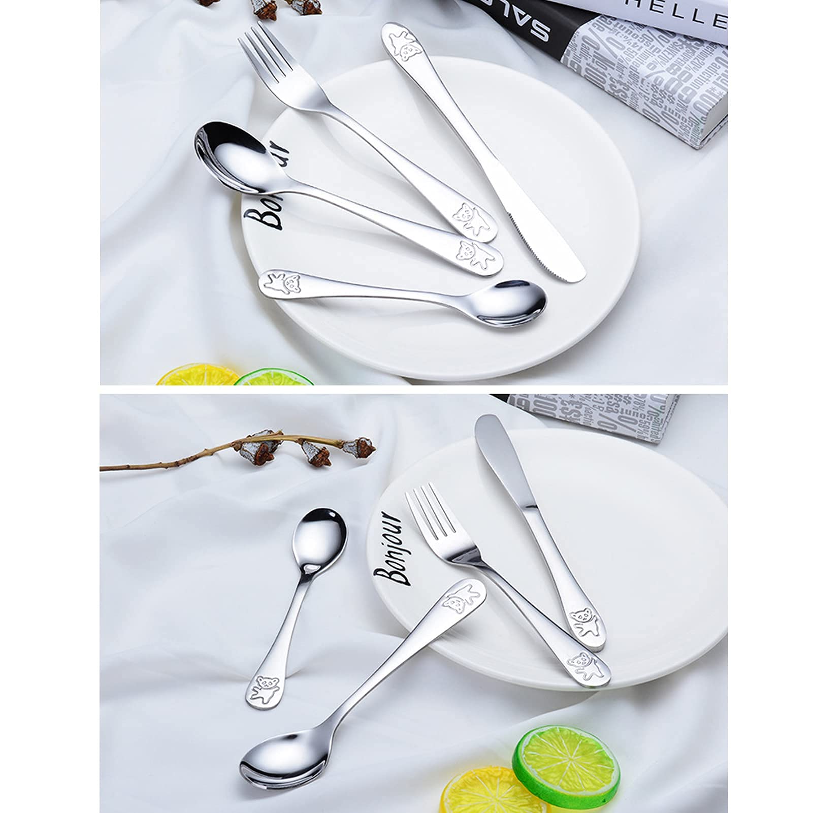 Besteck Besteck 4er Set für Kinder, mit süßem Bärengriff, Edelstahl Geschirr, Geschirr inkl. Messer Gabel Löffel für Kindergarten, Hotel, Restaurant, neues Haus