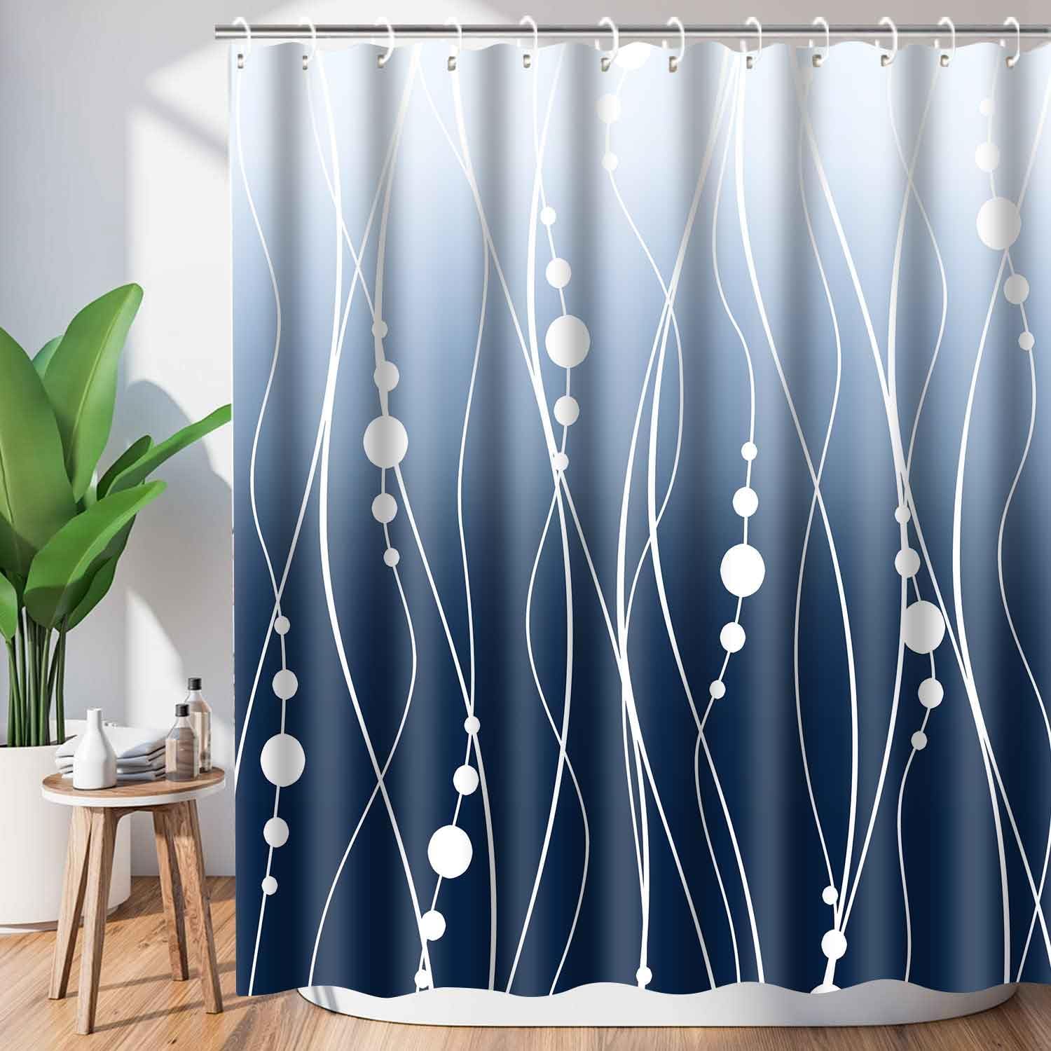 Navy Blue Shower Curtain Ombre Blue Fabric Shower Curtain for Bathroom Decor Dark Blue and White Striped Modern Bath Shower Curtains Set with 12 Hooks 72x78 Inch Washable
