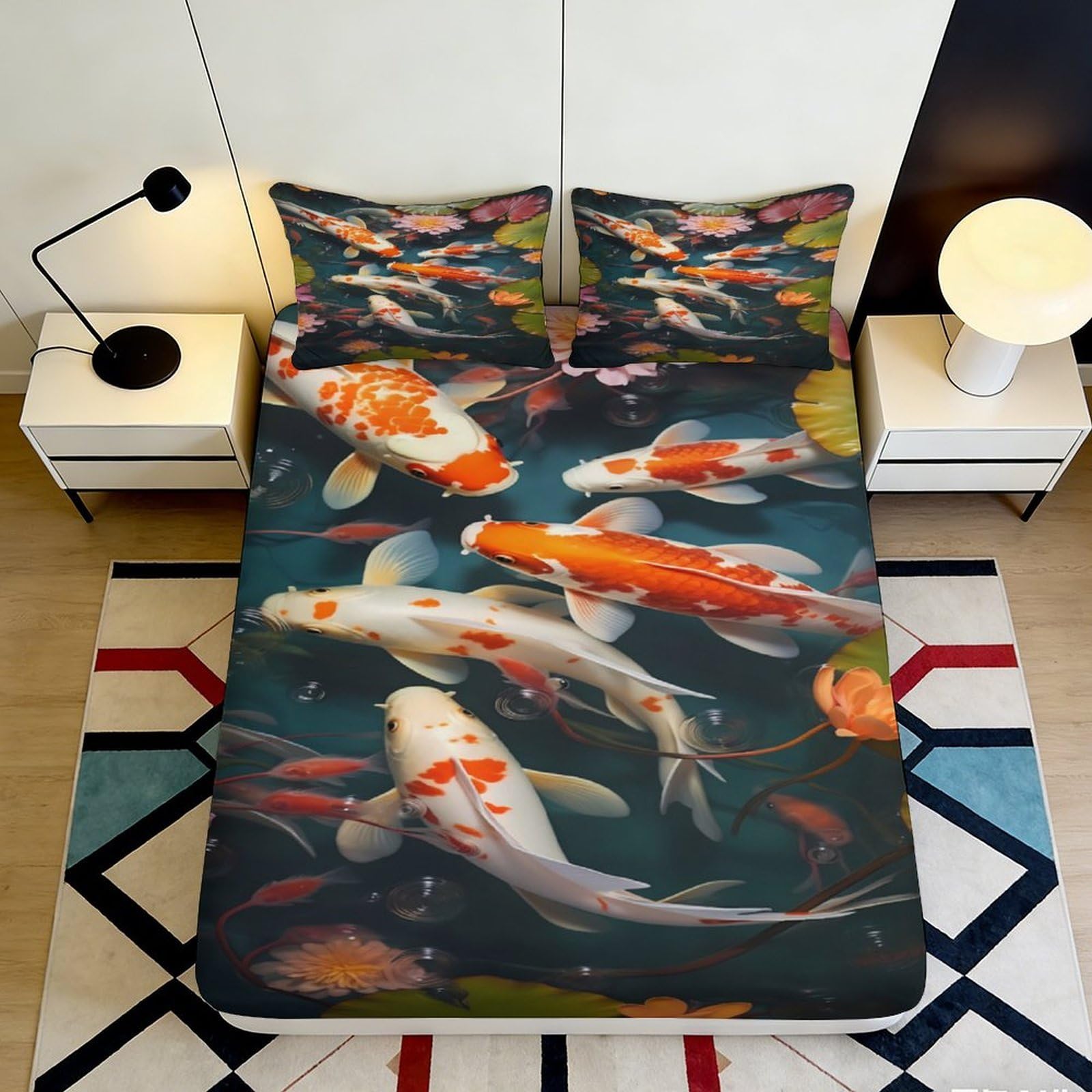 3D Printed Koi Fish Fitted Sheet Microfiber Soft Durable Colorful Carp Bed Cover for Bedroom Dormitory Guest Room Mattress Protection Decoration 200x200x25cm