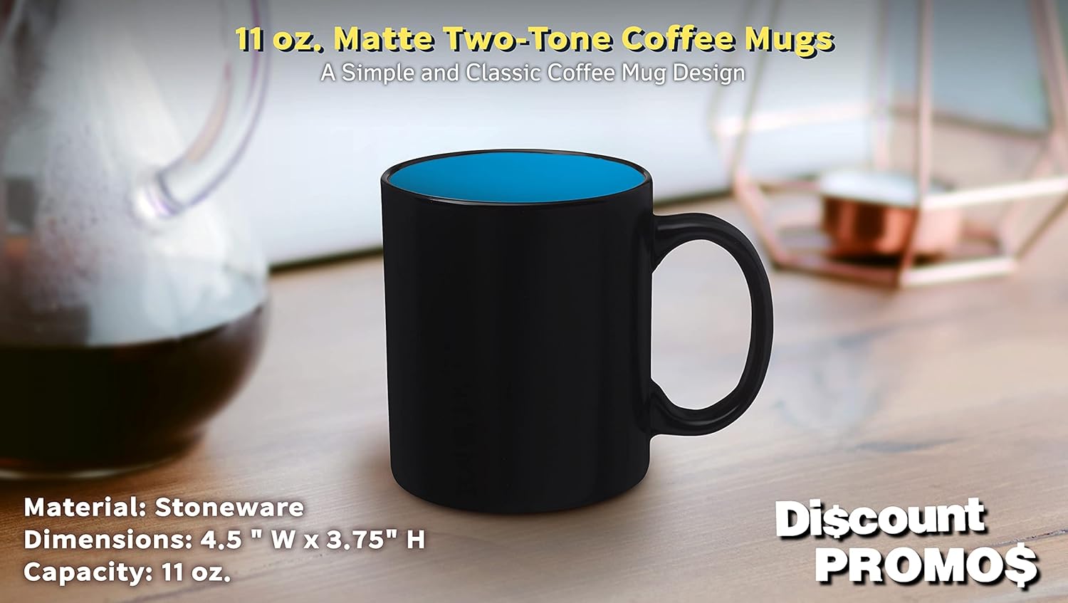 DISCOUNT PROMOS 10 Matte Two-Tone Coffee Mugs Set, 11 oz. - Stoneware, Drinkware, Durable, C-handle - Blue