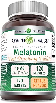 Amazing Formulas Melatonin 10 Mg | Fast Dissolving Tablets Supplement | Non-GMO | Gluten-Free | Made in USA Citrus | 120 Count