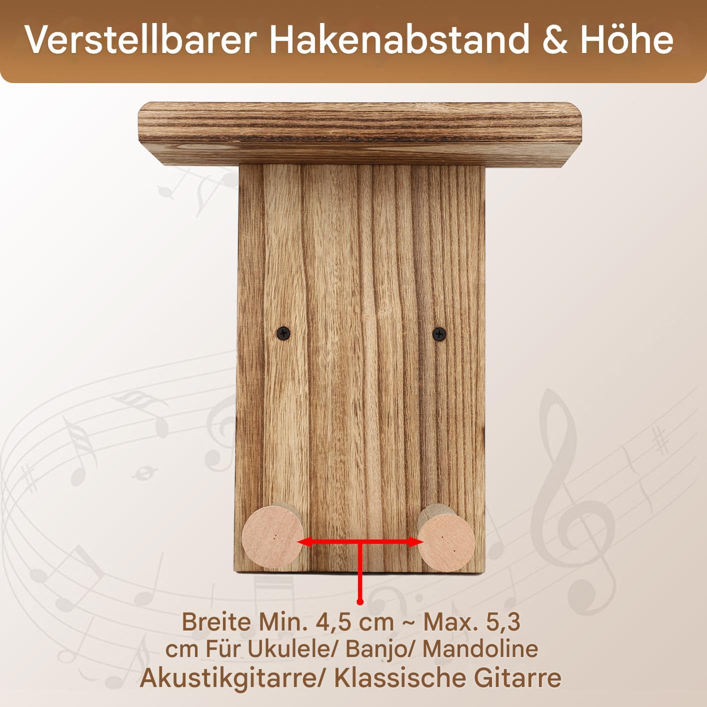 BestYiJo 2 soportes de pared para guitarras de madera, con estante y soporte para púas - Ajustable para acústica, guitarra eléctrica, bajo y ukelele - Juego de soportes para guitarra de madera maciza