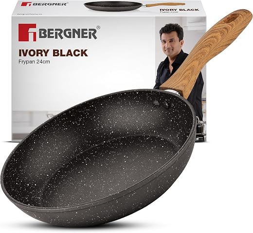Bergner Ivory Black Granite 24cm Non-Stick Frypan, 3-Layer Marble Healthy Non-Stick Coating, Forged Aluminium, Soft Touch ...