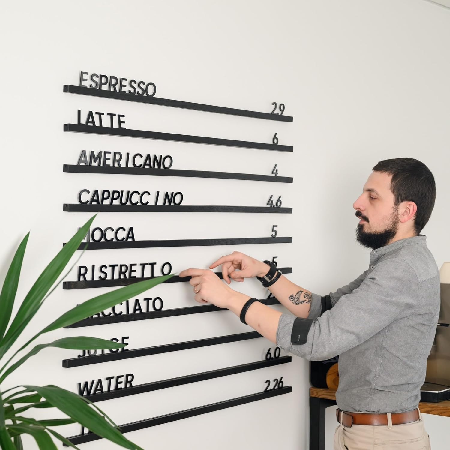 Inko Horeca Wooden Wall Letter Board - Set of 10 Black Oak Rails + 400 Changeable Black Letters - Floating Wall Menu Display Shelf for Cafe, Bar, Kitchen, and Home Decor