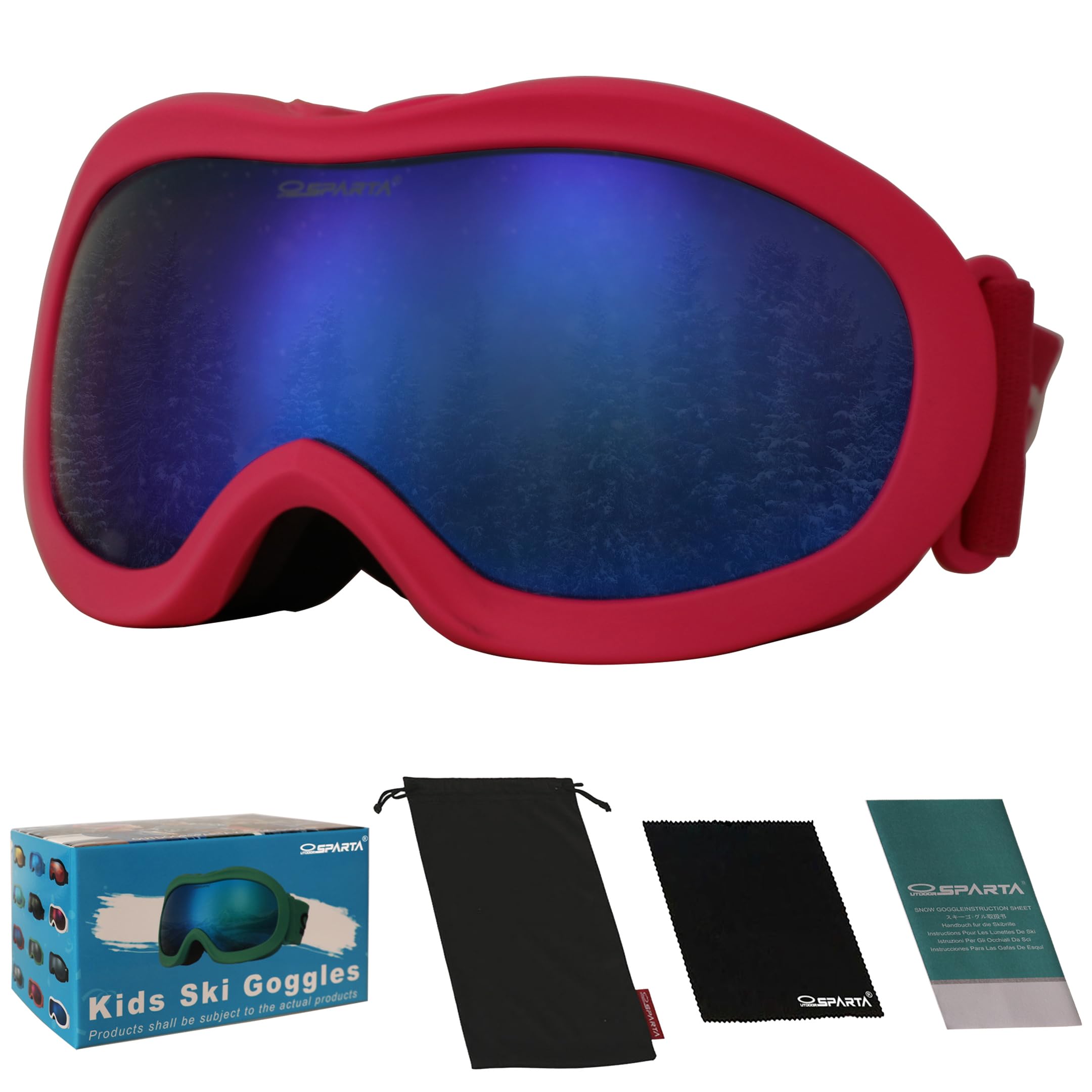 OUTDOORSPARTA Kids Ski Goggles, Kids Snowboarding Goggles for Boys Girls Toddler Age 3-14 with 100% UV Protection (10. Dark Pink Frame, Full Lens Mirrored Blue)