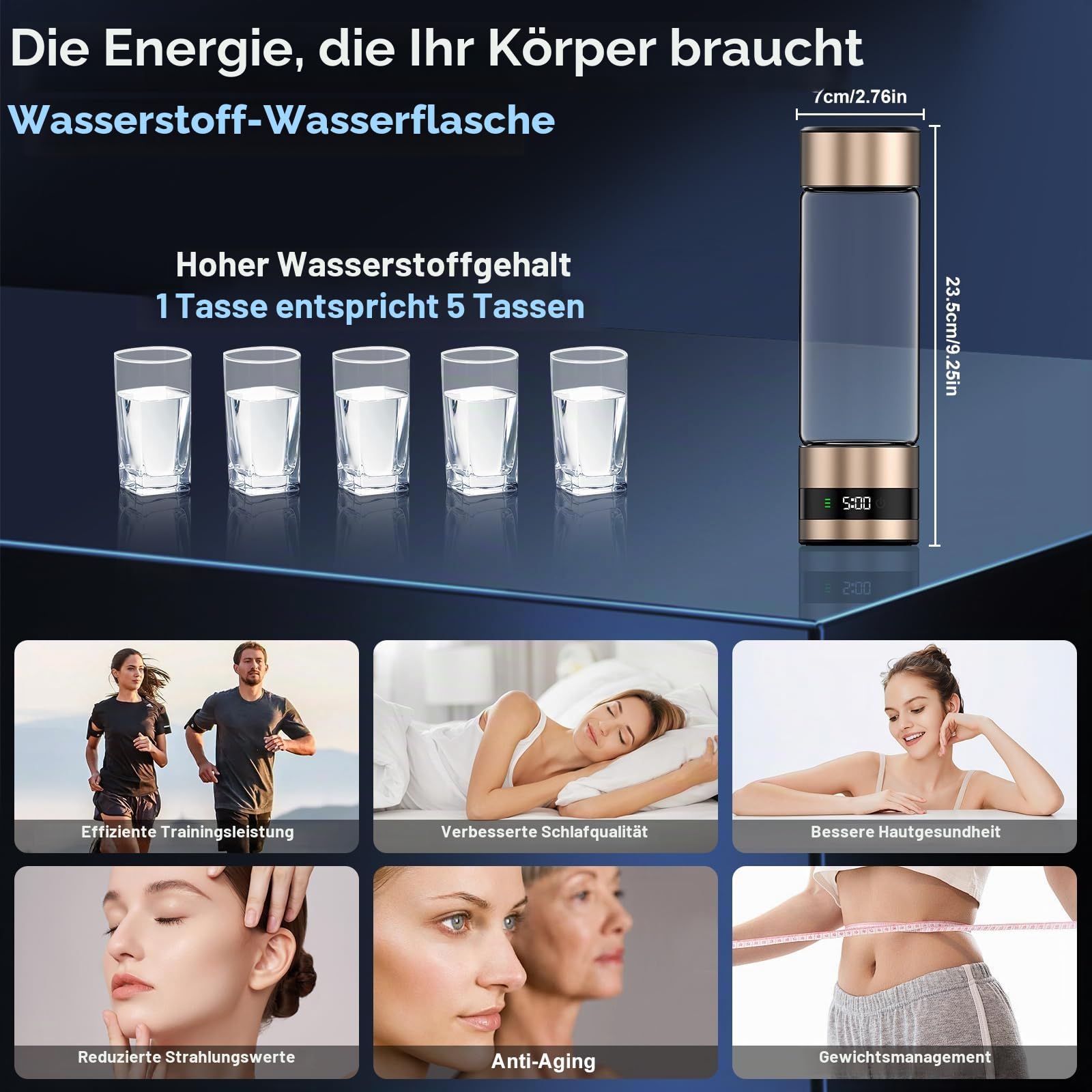 Wasserstoff-Wasserflasche Generator mit PEM-Technologie, Digitalanzeige, H2-Konzentration bis 6,85 PPM, 2025 Neu, Gold