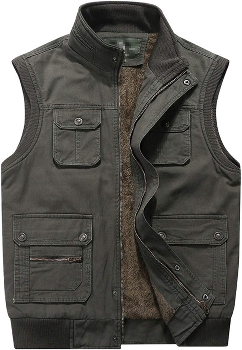 Flygo Men's Warm Fleece Padded Full Zip Up Multi-Pocket Outdoor Lightweight Vest (Medium, Army Green)