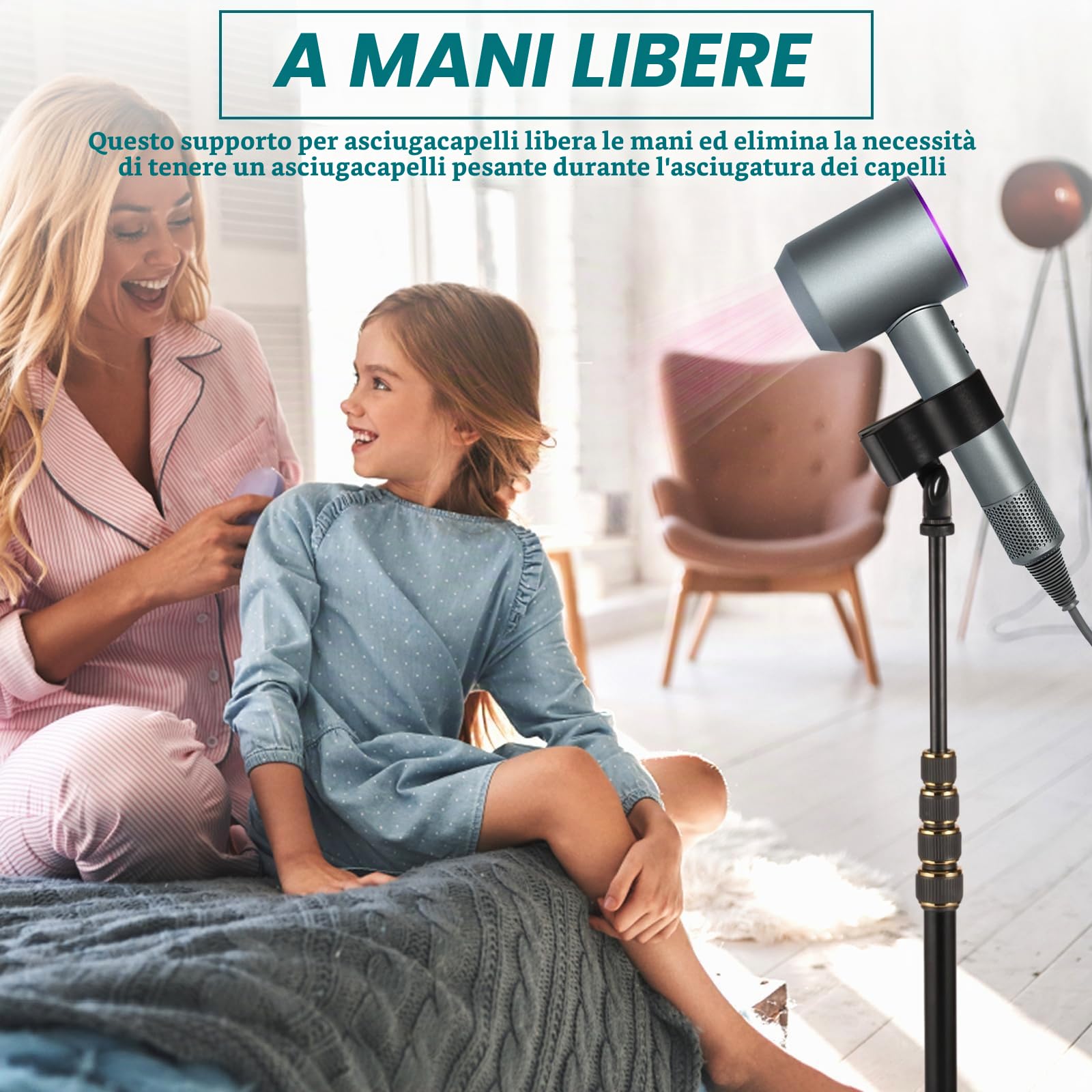 Supporto regolabile in lega di alluminio per asciugacapelli, 60-195 cm, treppiede regolabile con rotazione a 180 gradi, compatibile con strumenti di styling compatti (nero)