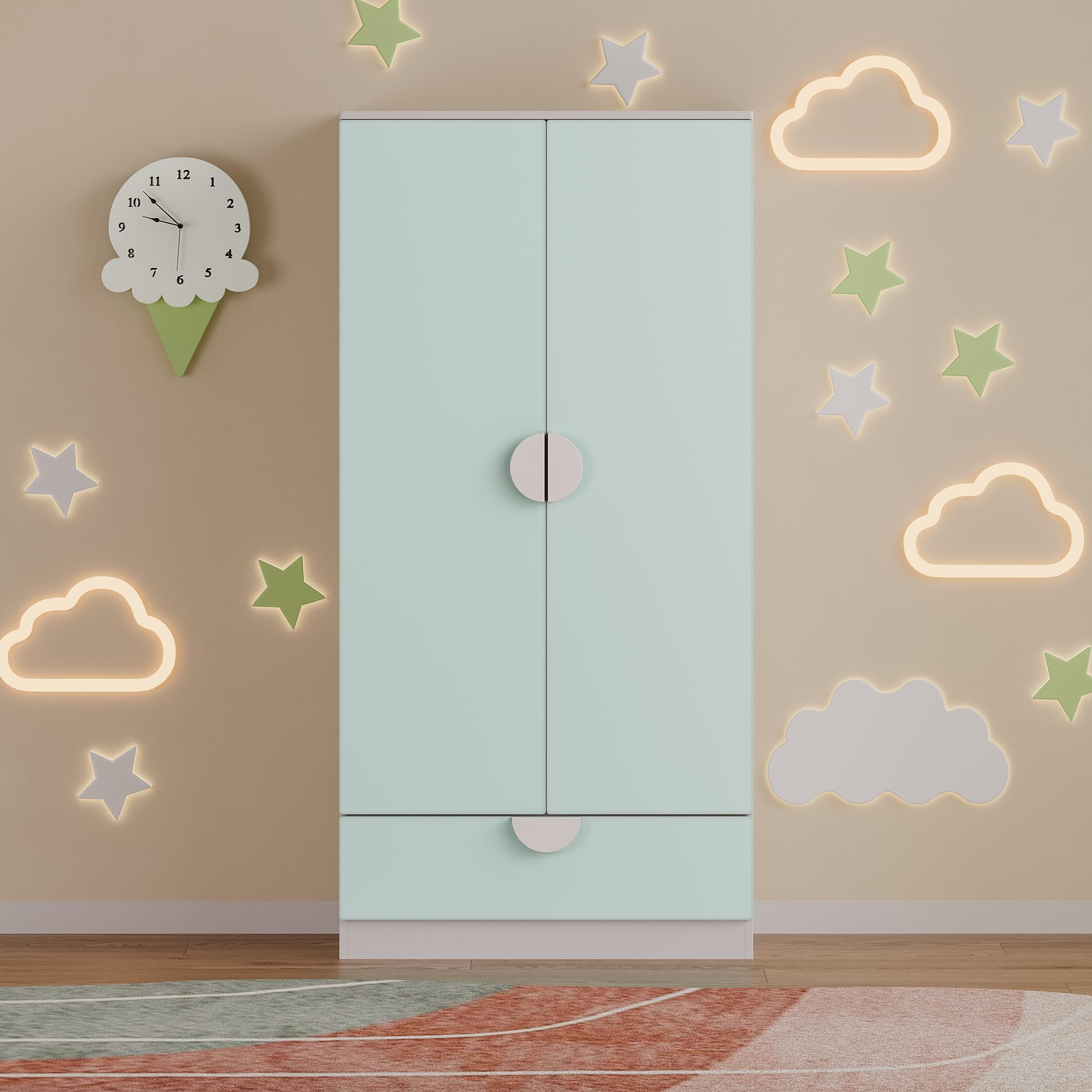 [en.casa] Armoire pour Enfants avec 2 Portes avec Poignées Centrales Barre de Penderie Tiroir Dressing Rangement MDF Panneau de Particules 123 x 60 x 40 cm Blanc Vert Menthe
