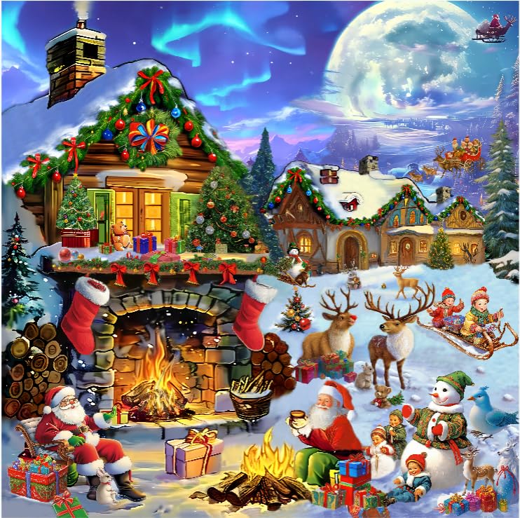 500 Pieces Christmas Puzzles for Teenagers and Adults Beautiful Aurora Happy Kids on The Snow Santa Claus and Elk Deer are perfect Christmas puzzle design-19.7inch*19.7inch/50cm*50cm