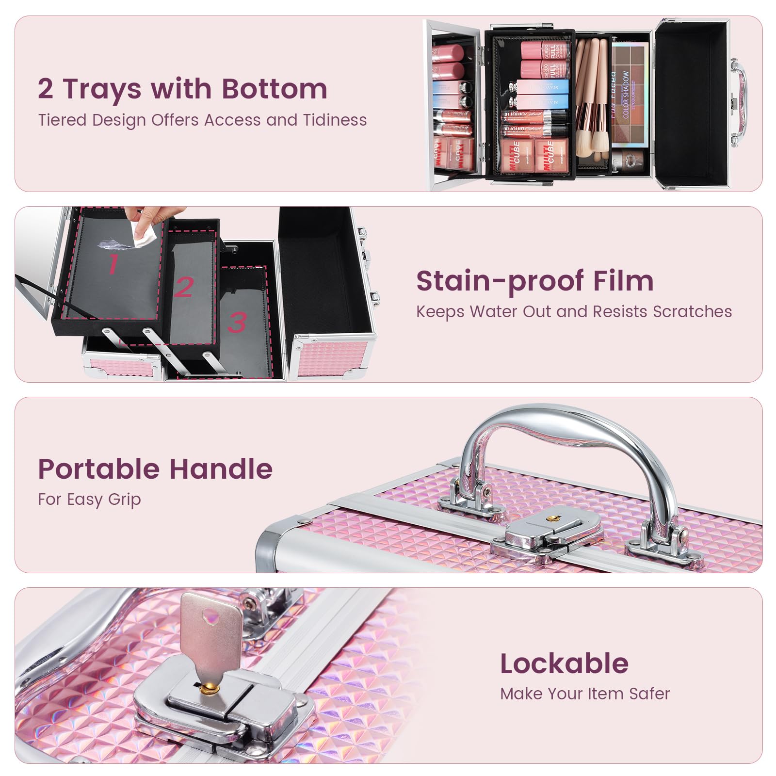 FRENESSA Makeup Train Case Organizer with Mirror and Lockable Storage