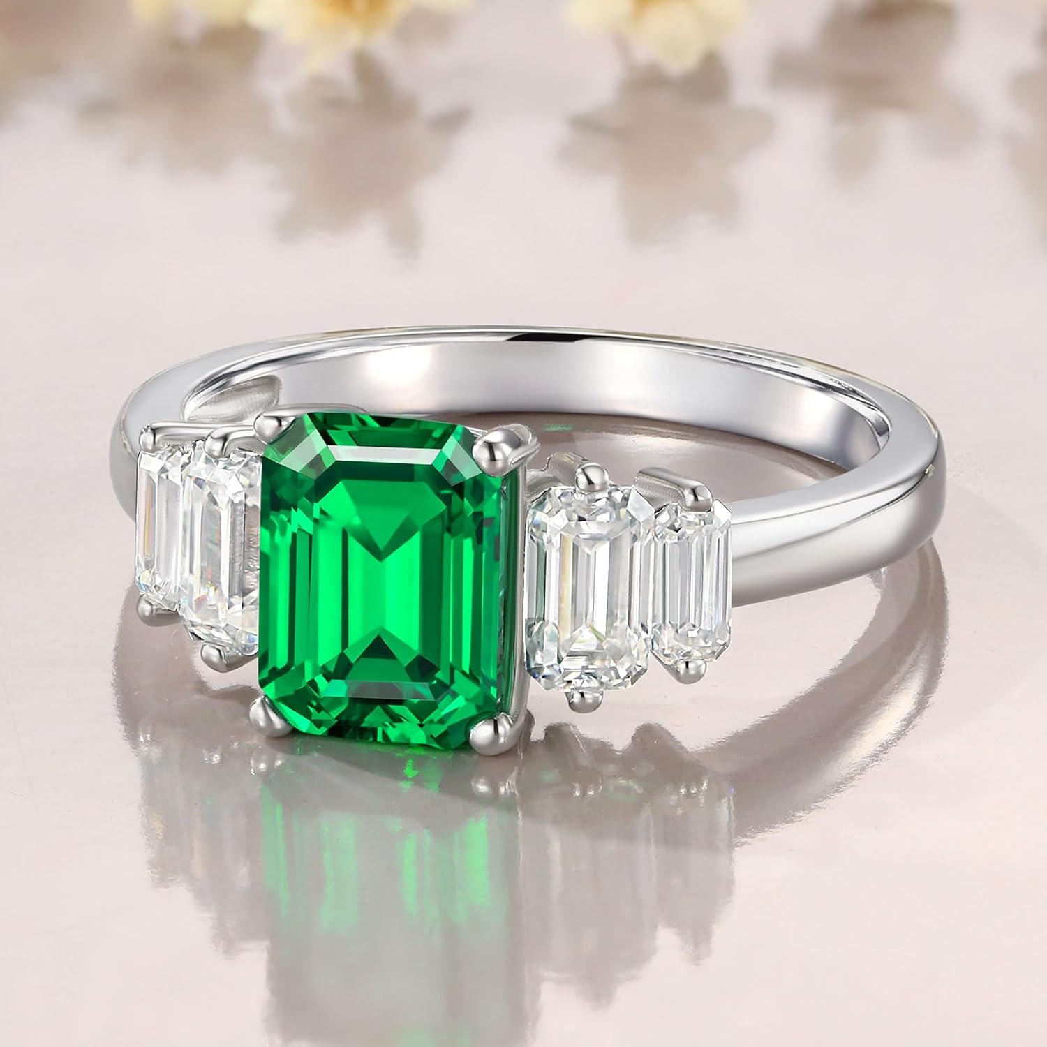 Emerald Rings for Women, Green Emerald Cut 2 1/3 CT Engagement Ring, May Birthstone Ring 925 Sterling Silver Plated White Gold, Gift for Promise Anniversary Mothers Day, Size 5 6 7 8 9 10 11 12