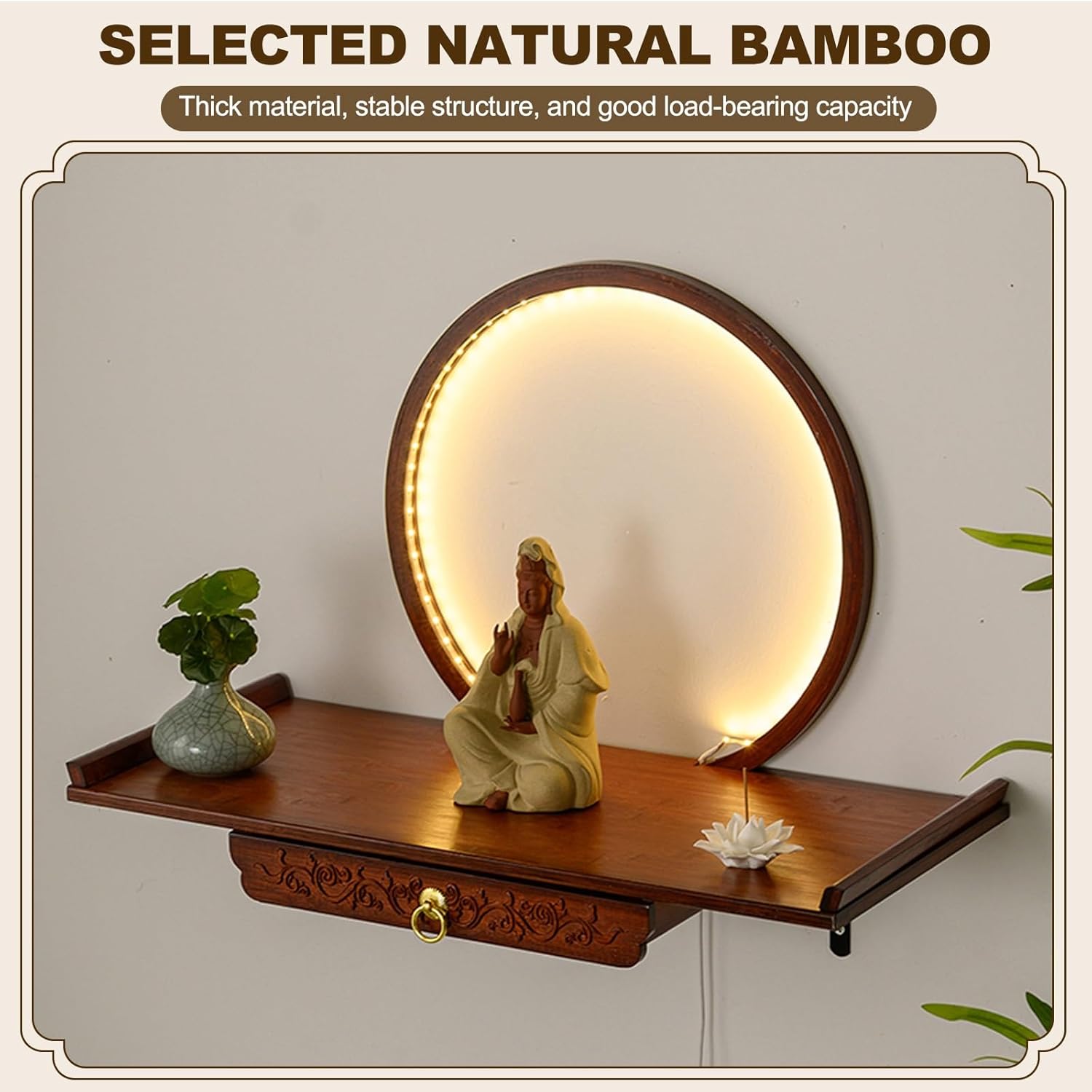 HARELA Wall-Mounted Personal Shrine Altar Table, Buddha Altar Shelf Shrine with LED Light, Retractable Bamboo Prayer Offering Table for Incense, Idols, and Worship Supplies(Brown,60cm/23.6in)