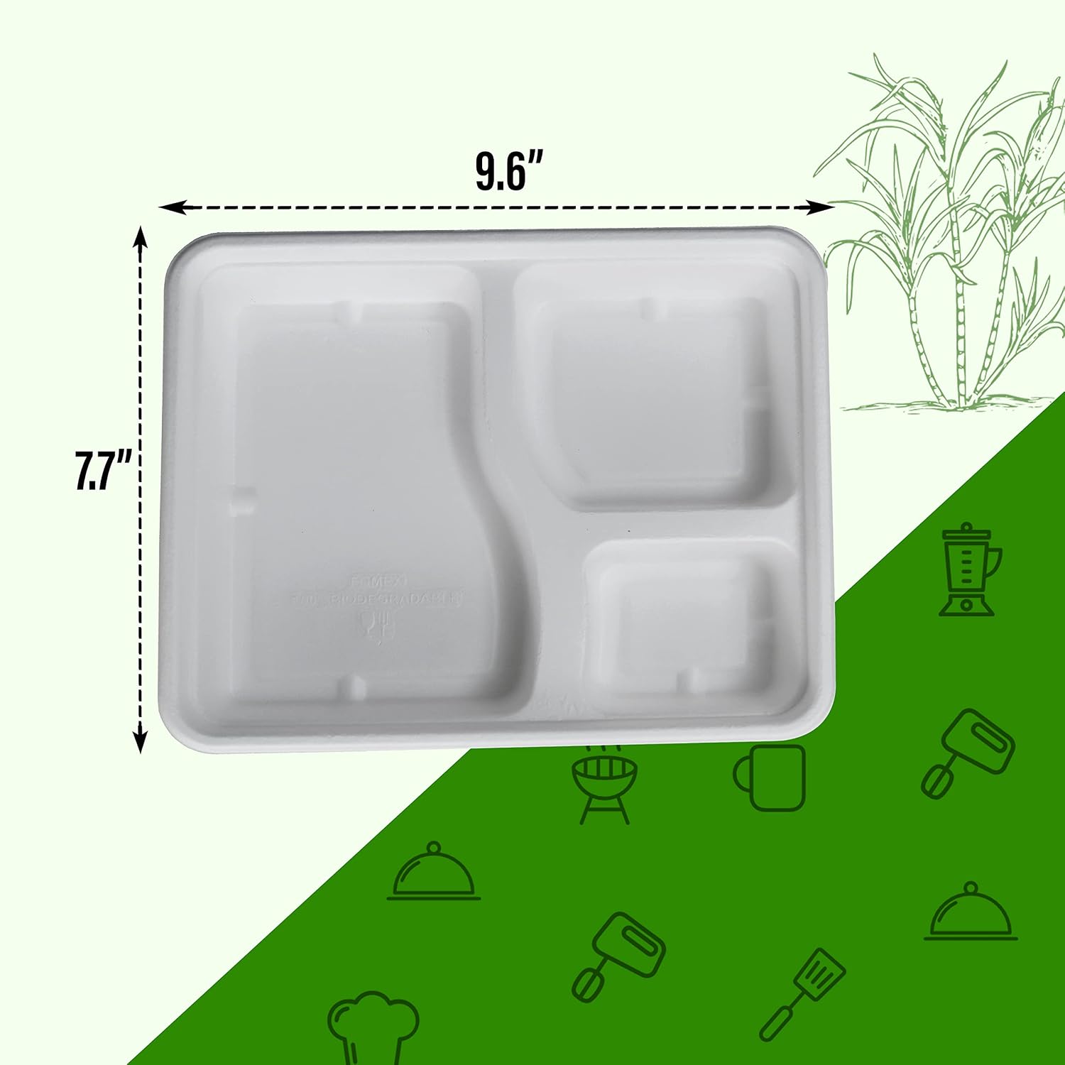 SIMOND STORE - 3 Compartment Plates with Lids - [Pack of 100] Disposable 100% Compostable Paper Trays - Heavy Duty Sugarcane Bagasse Fiber Biodegradable Trays for Restaurant, Party