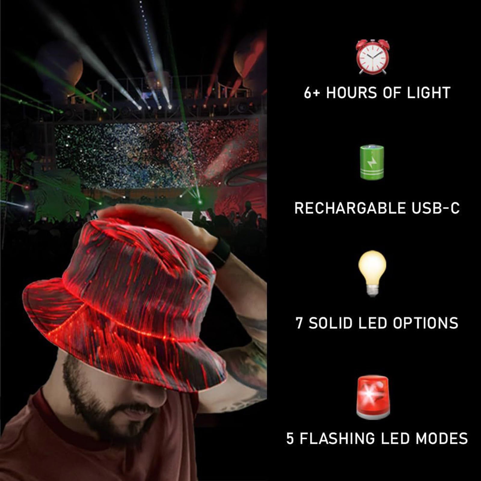 Cappello Illuminato a Fibra Ottica con modalità Lampeggianti Regolabili per Feste Festival Cappello a Secchiello a LED per spettacoli in Discoteca Accessorio per Festival Musicali