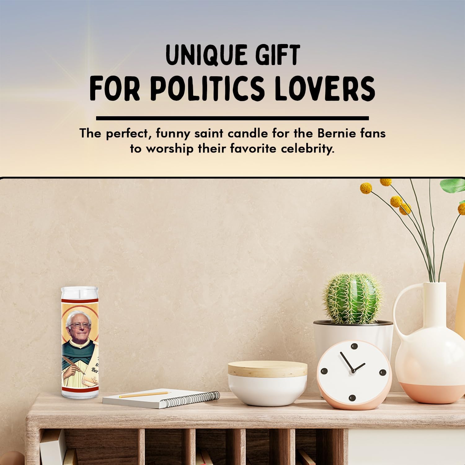 Bernie Sanders Celebrity Glass Jar Candle – Vermont Senator Votive Candle – Unique Gift for Public Figure Fans – Home Decor Collectible for Living Room & Office