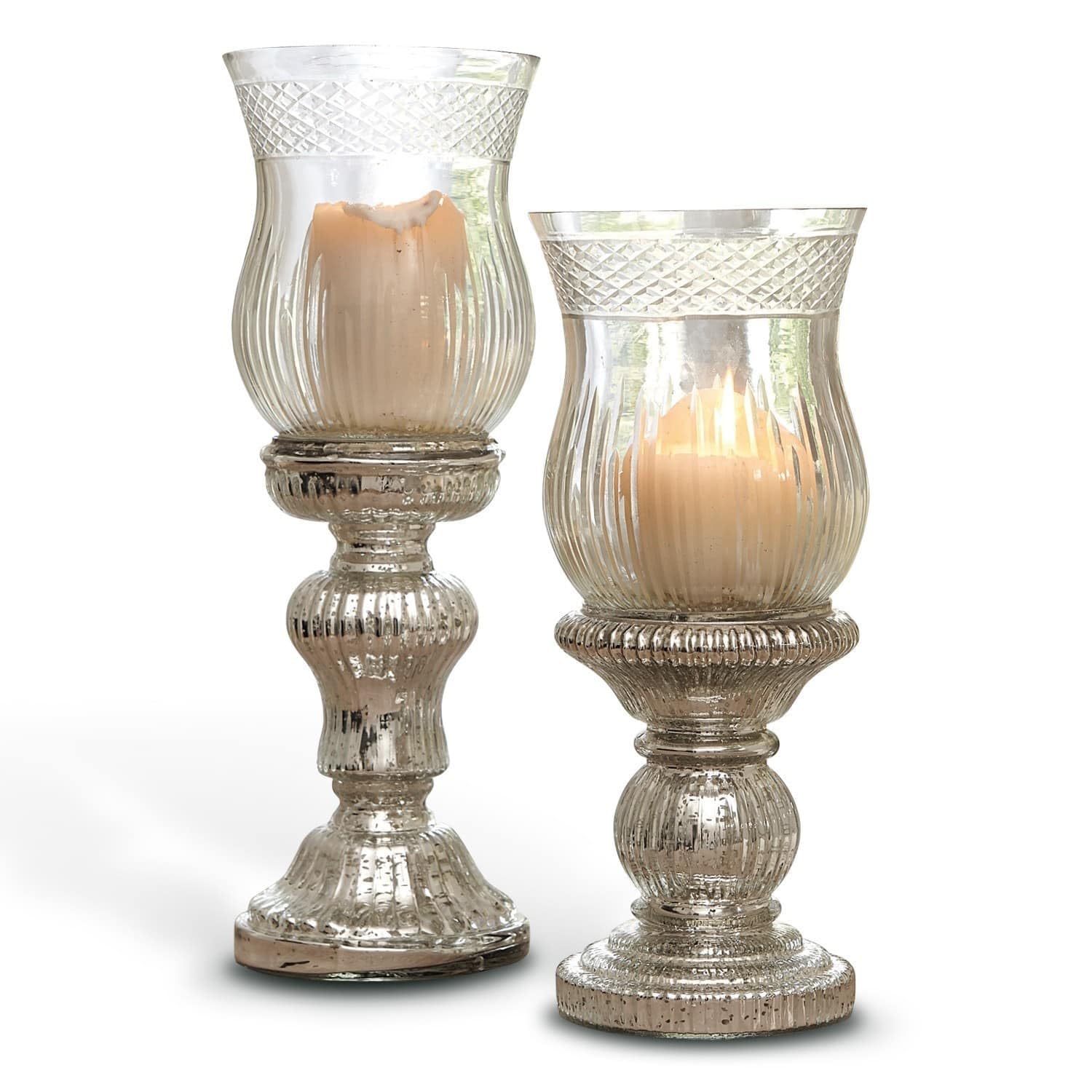 Loberon Kerzenständer Set Luisant - Deko Kerzenhalter Silber Für Kerzen & Teelichter - Mundgeblasen Aus Glas - 2 Stück - 29cm & 35cm, Silber/klar | Vollständig aus Glas gefertigt - Verspiegelter Fuß im Antiksilber-Finish - Reizvoller Schliff - Mundgeblase