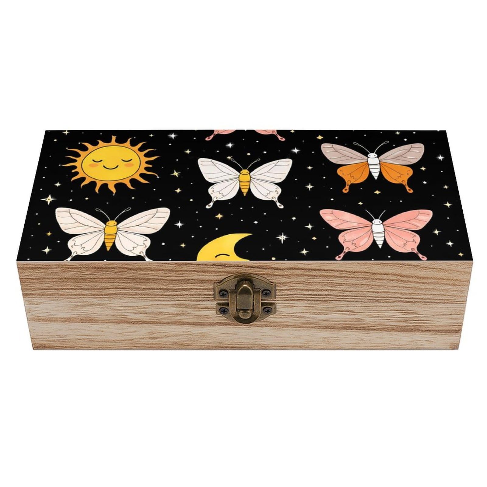 SMAZDFXX Goth Butterfly Moth Sun Moon Wooden Storage Box With Hinged Lid Decorative Front Clasp Keepsake Boxes