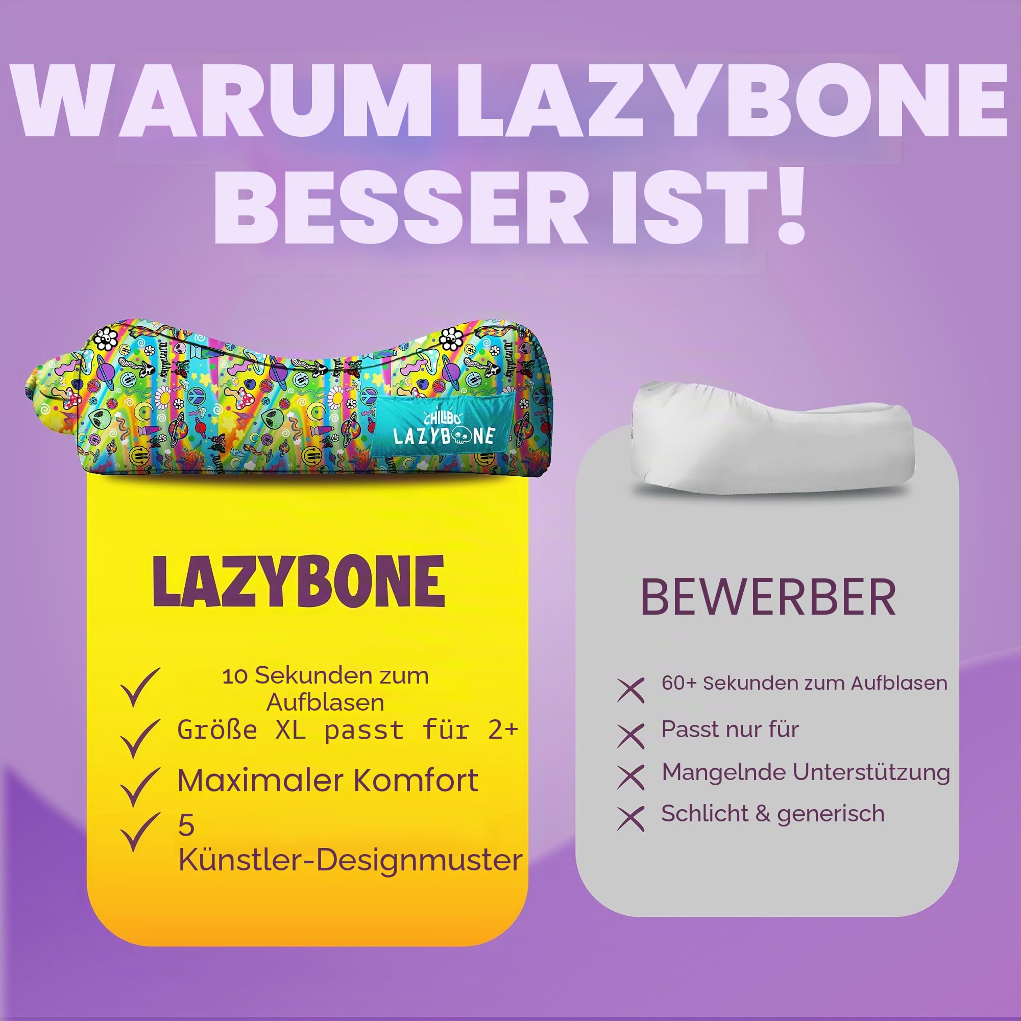 Chillbo x TrippyDraws Lazybone Aufblasbare Couch – Ultimative aufblasbare Liege für maximale Entspannung – Die perfekte aufblasbare Couch für Musikfestivals