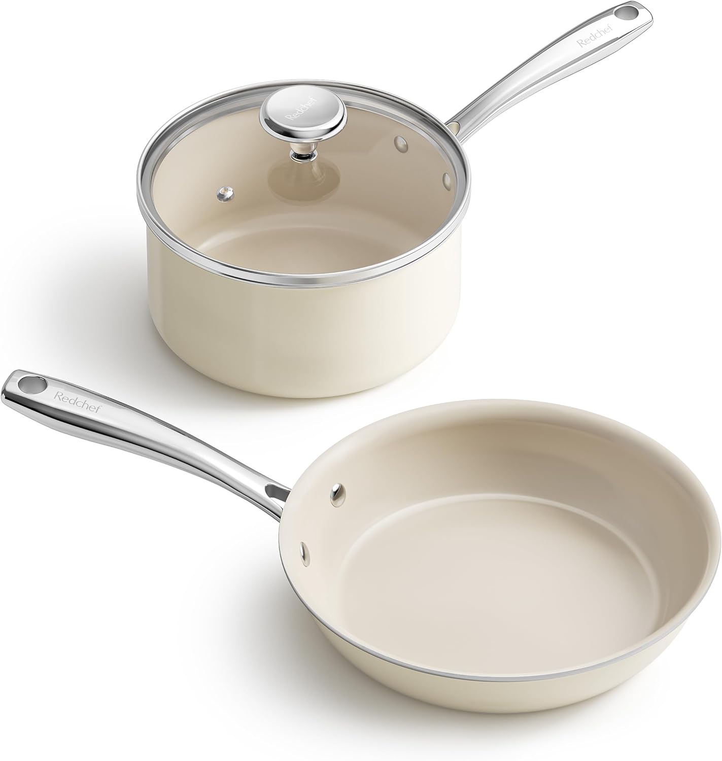 Redchef Nonstick Mini Cookware Set, 8"Ceramic Fry Pan 2.5Qt Sauce Pan with Lid, Pots and Pans Set, Saucepan Fryingpan Set Induction Compatible, Nontoxic, Oven Dishwasher Safe, PTFE & PFOA Free, Beige