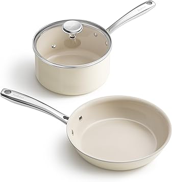 Redchef Nonstick Mini Cookware Set, 8"Ceramic Fry Pan 2.5Qt Sauce Pan with Lid, Fryingpan & Pots Set, Induction Compatible, Nontoxic, Oven Dishwasher Safe, PTFE & PFOA Free, Beige