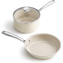 Redchef Nonstick Mini Cookware Set, 8"Ceramic Fry Pan 2.5Qt Sauce Pan with Lid, Fryingpan &amp; Pots Set, Induction Compatible, Nontoxic, Oven Dishwasher Safe, PTFE &amp; PFOA Free, Beige