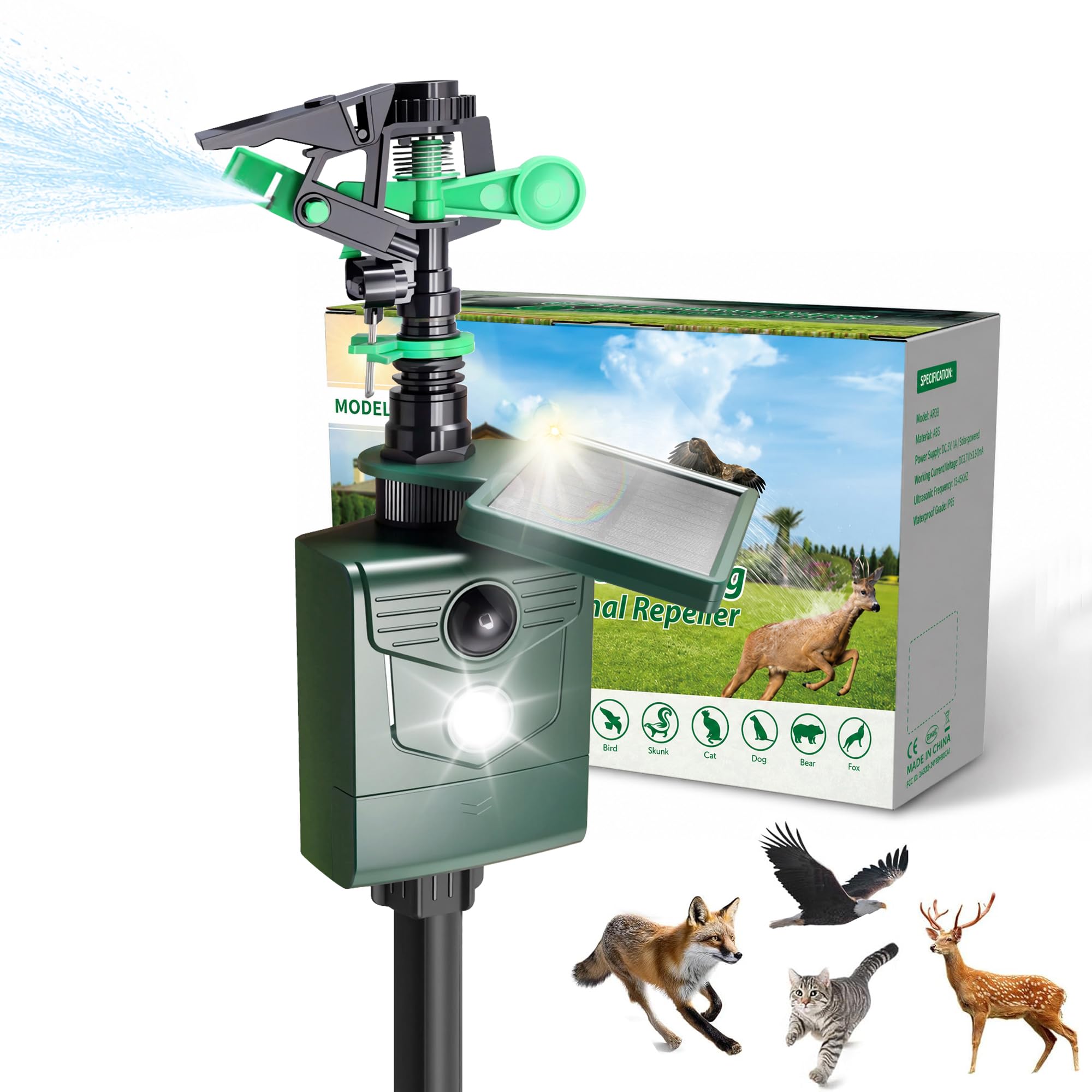 Ahuyentador de animales, repelente de gatos con agua, para jardín, detector de movimiento PIR, carga USB y solar en dos modos, ahuyentador de pájaros, ahuyentador de aves, ahuyentador de aves, defensa