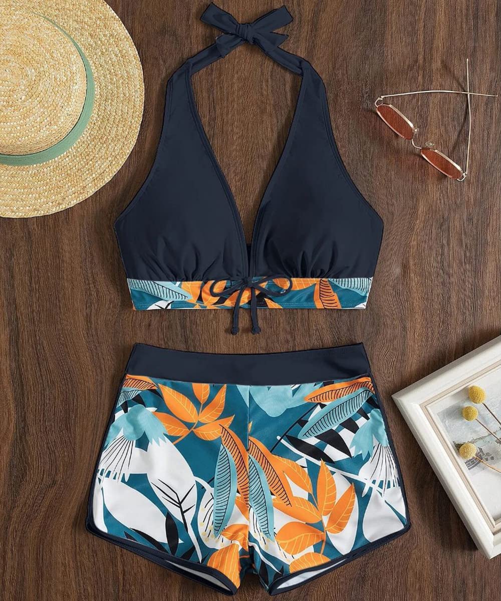 Maillot de Bain Femme 2 Pièces Bikini Dos Nu Sport Shorty Imprimé Taille Haute Bikini Set V-Cou Swimwear Haut Triangle Réglable Taille Mid Waisted Rembourré Maillot