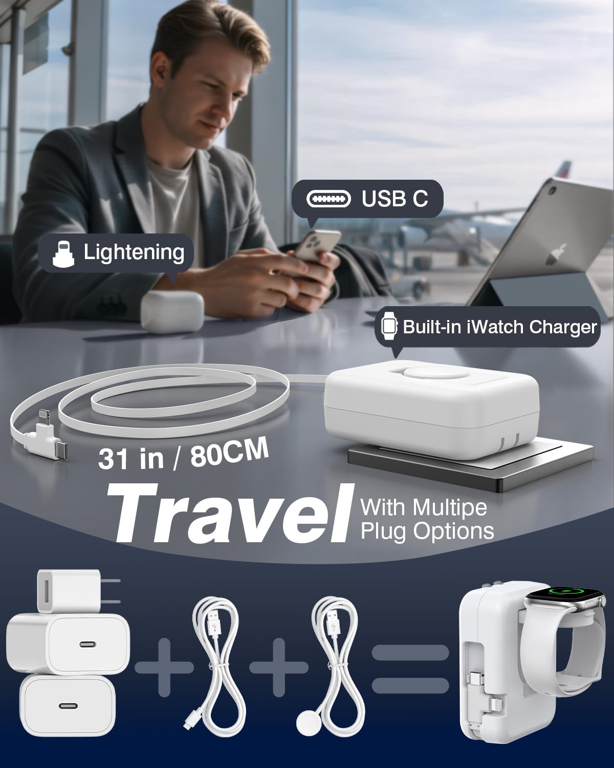 3 in 1 Retractable Wall Charger for Apple Watch,36W Fast Charging Block with 31 Inch Lighteing& Type-C Cables,Multi-Device Travel Charger for iPhone 17/16/15/14/13/12, iWatch & AirPods-White