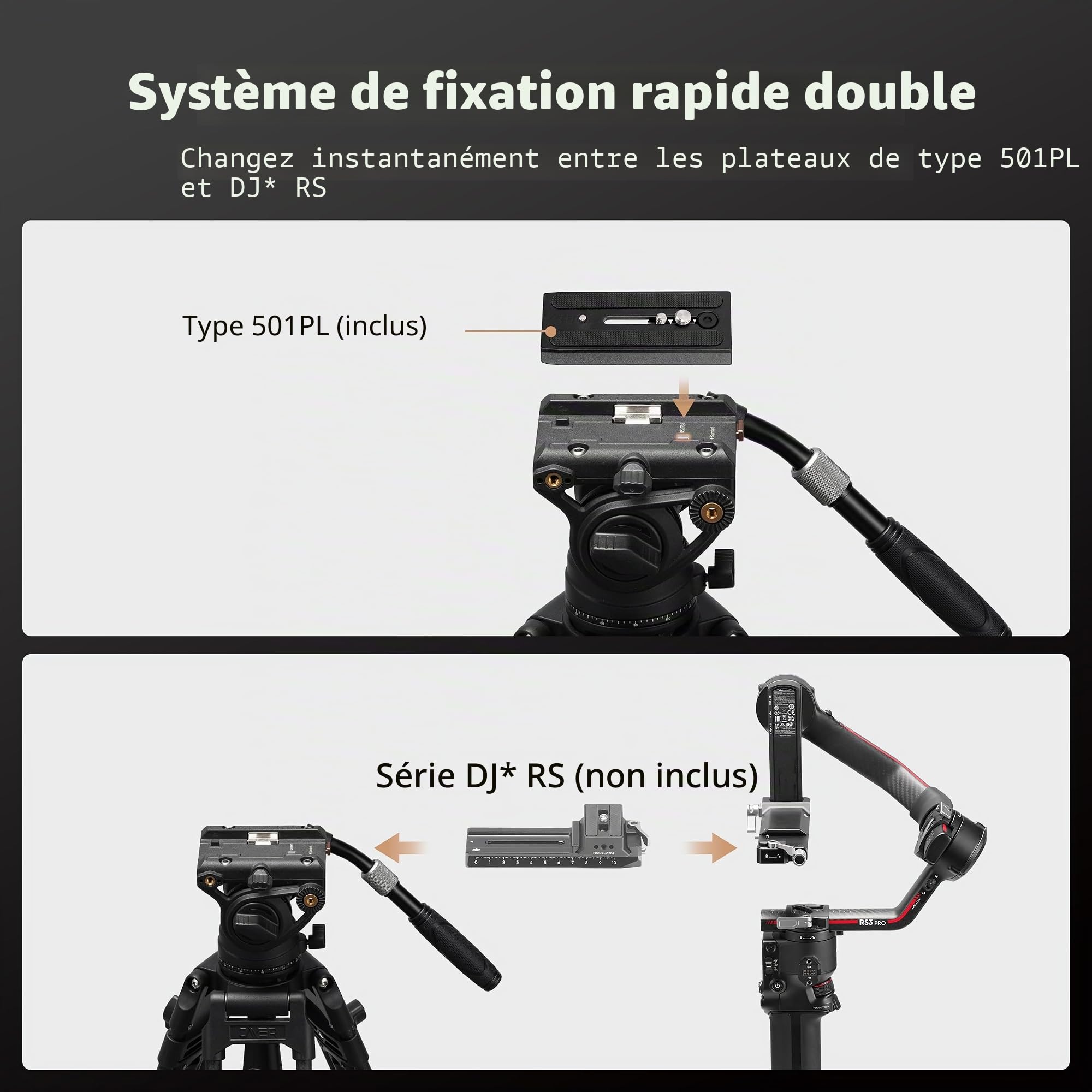 Cayer K6 Tête Fluide Trépied Vidéo pour Appareil Photo Reflex Canon Nikon Sony Olympus, Vis 3/8" 1/4", Poignée 2 Sections