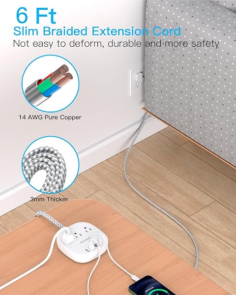 One Beat Flat Plug Power Bar with USB C, 6FT Ultra-Thin Extension Cord, 3 Outlet with 4 USB Ports (2 USB C) Desktop Charging Station, No Surge Protection for Cruise Ship, Travel Essentials, Dorm Room - 5