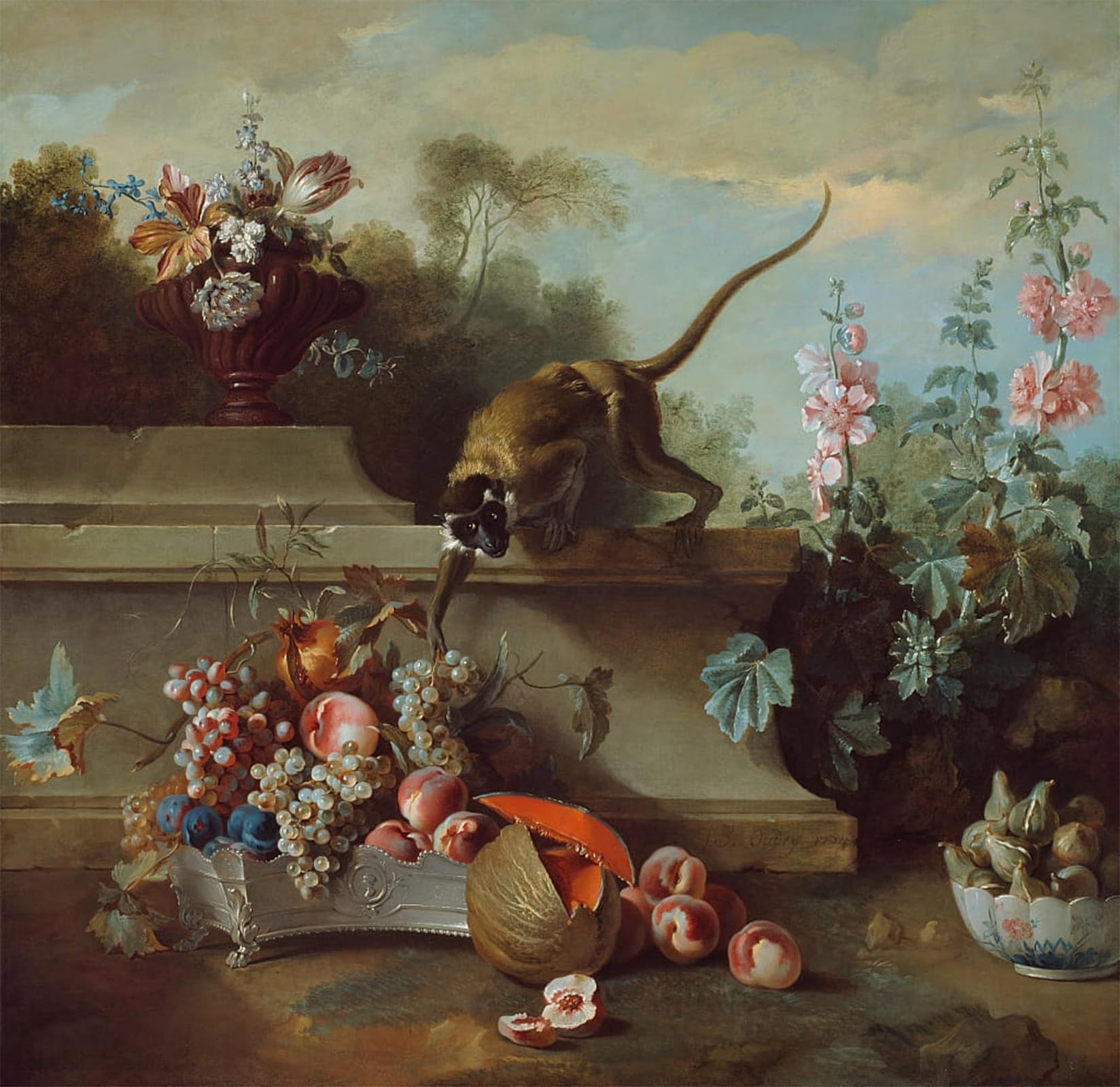 SERENDIPITP Vintage Picture Print on Canvas Wall Art Poster Still Life with Monkey Fruits and Flowers by Jean Baptiste Oudry Artwork Print Poster for Wall Decor 60x90cm