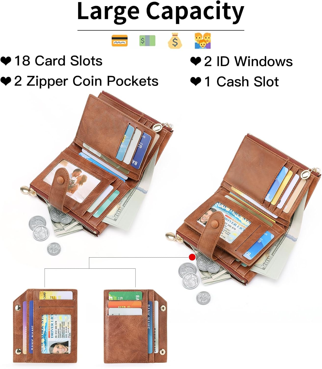 GAEKEAO Small Wallets for Women Leather RFID Blocking Bifold Double Zipper Pockets Wallet Card Case Purse with 2 ID Windows - Image 2